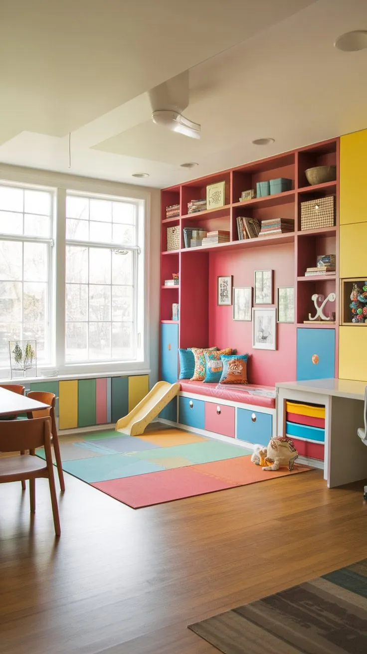Dreamy and functional, this home office and playroom combo offers the best of both worlds.  The colorful playroom features a delightful kids reading nook, custom playroom built-ins, and a fun slide, all within a small playroom design that maximizes space.  This dining room playroom combo is a parent's dream, providing a dedicated play area for little ones while maintaining a stylish and organized living space.  Find endless playroom inspiration for kids and explore colorful playroom ideas in this inspiring small kids play area.