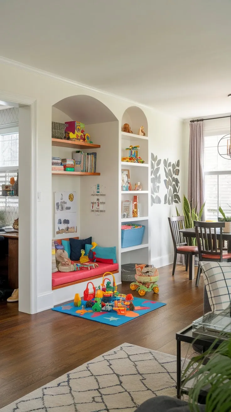 Transform your home with a vibrant living-playroom combo featuring a dedicated reading nook, built-in storage, and easy access to a home office.