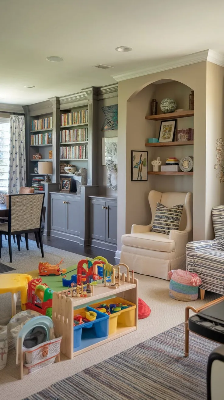 A colorful play area, cozy reading nook, and home office are cleverly integrated into a stylish living and dining space, creating a dynamic family hub.