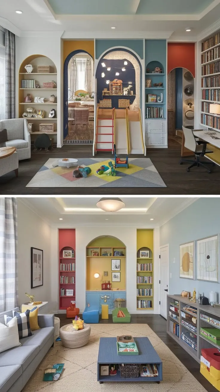 Transform your home with a combined living and playroom featuring a playful design, functional workspace, and dedicated dining area.
