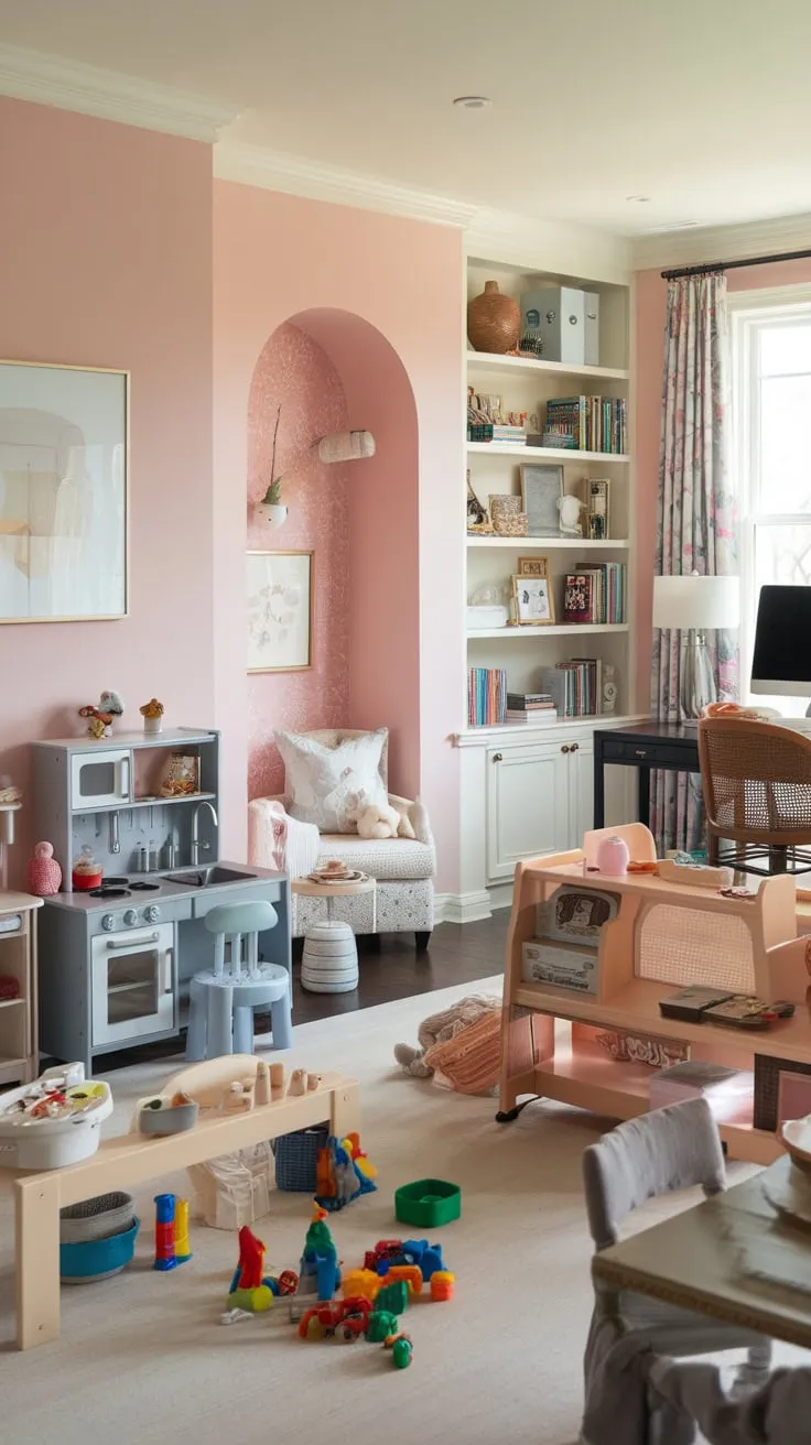 A soft pink playroom seamlessly blends with a living room, home office, and dining area offering versatile family space.