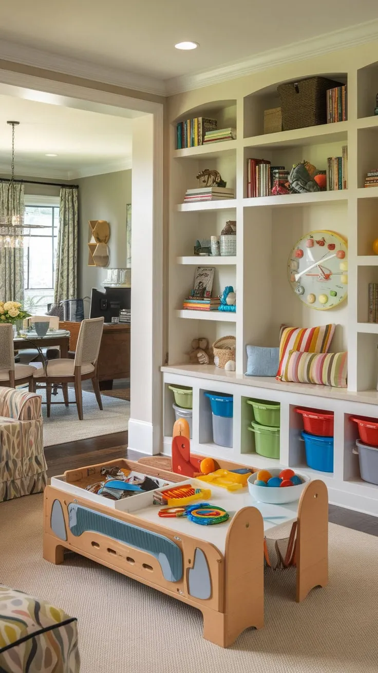 A warm, inviting living room seamlessly blends family life with a dedicated kids' play area, built-in storage, and a cozy reading nook, all while incorporating a home office and dining space.