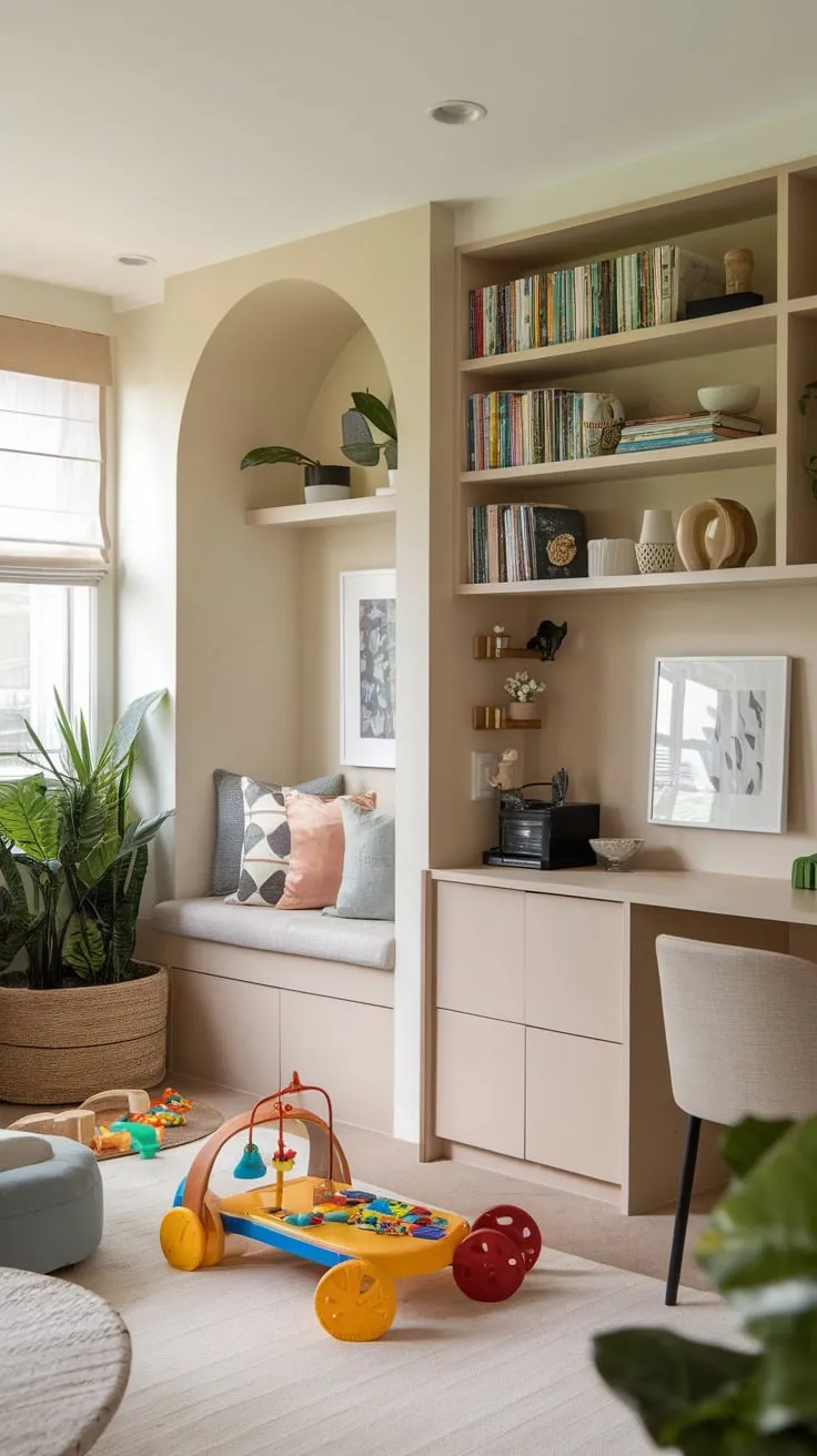 Light-filled living merges with a playful kids' zone, home office, and reading nook in a cleverly designed, space-saving room.