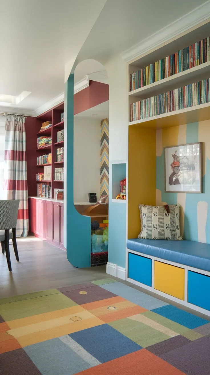 A vibrant playroom-living room combo seamlessly blends a kids' play area, home office, dining space, reading nook, and library, maximizing functionality and style.