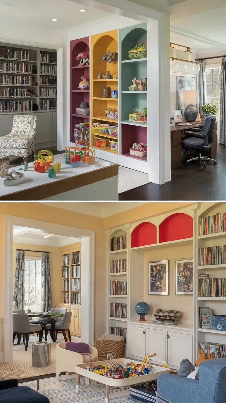 Dreamy playroom inspiration for kids! This small playroom design cleverly combines a living room, home office, and dining area, creating a functional and stylish space.  The colorful playroom ideas, including the playroom built-ins and dedicated kids reading nook ideas, are perfectly complemented by a charming library playroom.  A small kids play area ensures plenty of room for imaginative play, making this dining room playroom combo and home office and playroom combo truly unique.