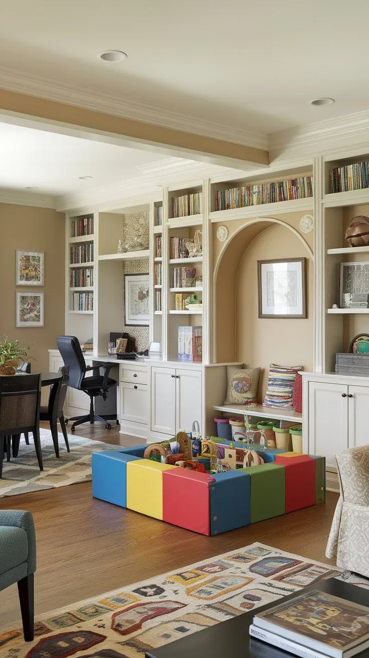 This playroom living room combo is the ultimate space-saving solution!  Clever built-ins maximize storage, while a dedicated kids reading nook and colorful small kids play area create distinct zones for learning and play.  The home office and playroom combo ensures parents can work while keeping an eye on little ones, and the addition of a dining area completes this functional and stylish family hub.  Perfect playroom inspiration for kids, this small playroom design proves that big ideas can thrive in small spaces.  A true library playroom, offering endless colorful playroom ideas.