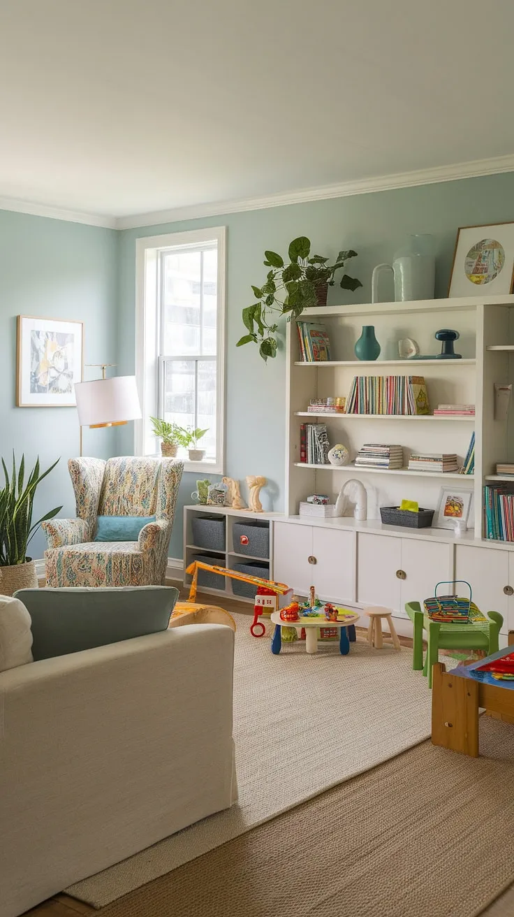 Dreamy light blue walls and a cozy reading nook make this small kids play area a haven for both play and quiet time.  The clever combination of playroom and living room maximizes space, offering colorful playroom ideas and practical storage solutions with the built-ins.  This library playroom combo is the ultimate playroom inspiration for kids, showcasing how a small playroom design can be both stylish and functional.