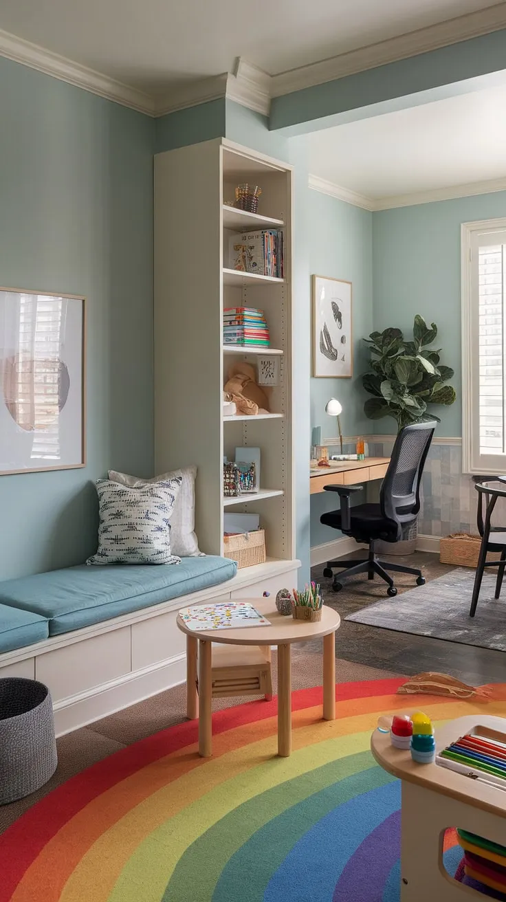 This small space maximizes functionality with a clever playroom living room combo.  The built-in cabinets cleverly store toys, while the rainbow rug and kids reading nook create a vibrant and inviting play area.  A home office and playroom combo tucked away provides a dedicated workspace, seamlessly blending with the dining room playroom combo. This small playroom design is bursting with colorful playroom ideas and offers plenty of playroom inspiration for kids.  It's the perfect example of a library playroom and small kids play area all in one.