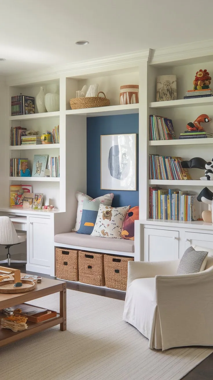 Transform your living space into a vibrant family hub combining play, learning, and relaxation with built-in shelves, a reading nook, and a dedicated home office area