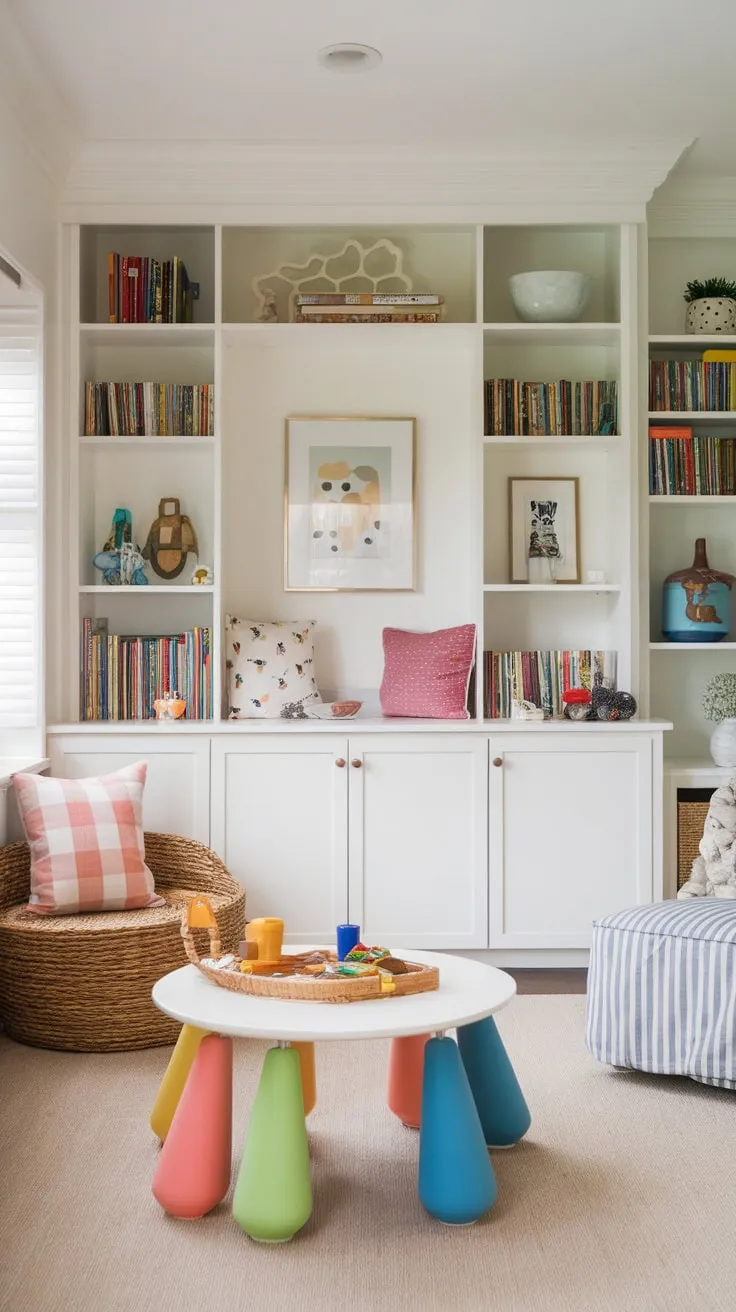 A multifunctional living room seamlessly integrates a small kids' play area, home office, and library, maximizing space with colorful built-ins and a dedicated reading nook.