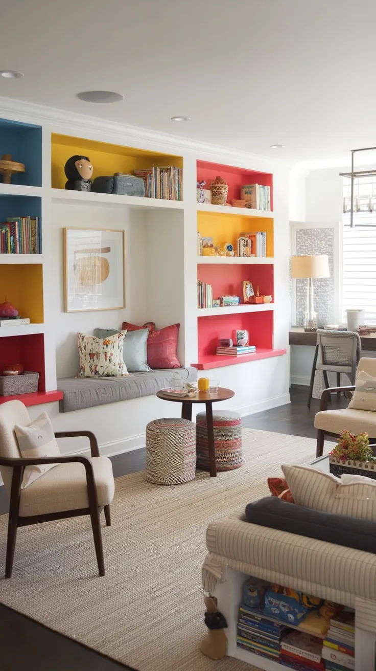 Transform your home with a vibrant living and playroom combo featuring a cozy reading nook, built-in shelves, and designated areas for work and dining.