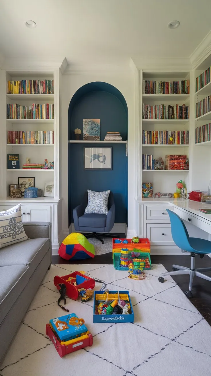 A vibrant playroom seamlessly integrates a home office, featuring a gray sofa, white desk, and built-in bookshelves for a stylish and functional space.