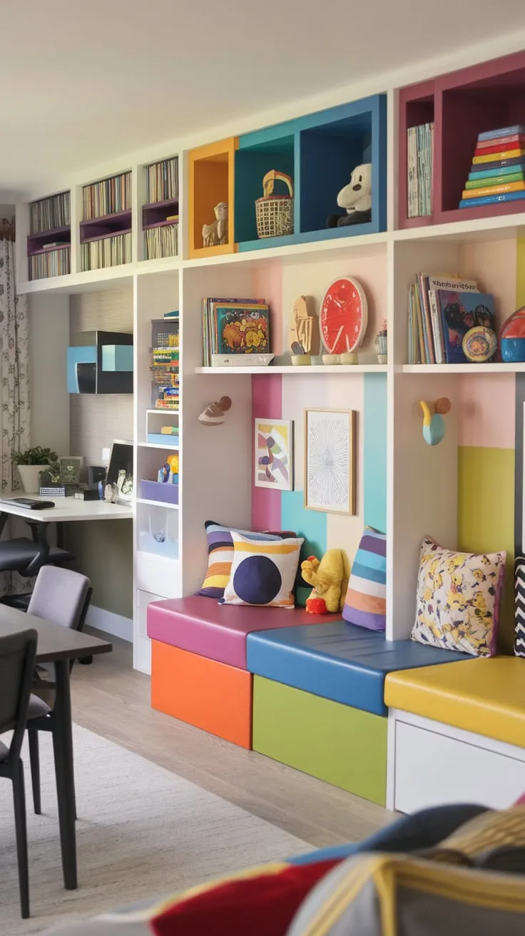 A vibrant playroom-living room combo seamlessly integrates a kids' play area, home office, and dining space for a fun yet functional family haven