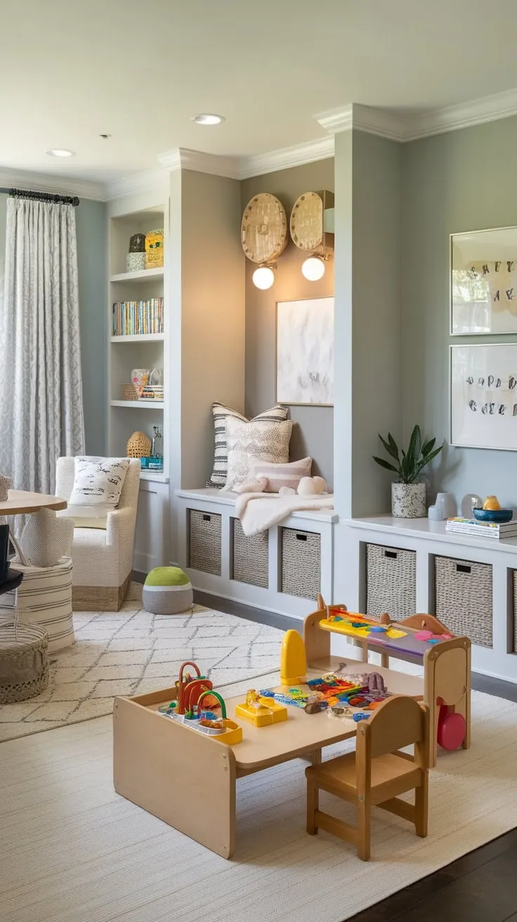 A harmonious blend of play, relaxation, and work, this space seamlessly unites a vibrant playroom, cozy living area, and functional home office.