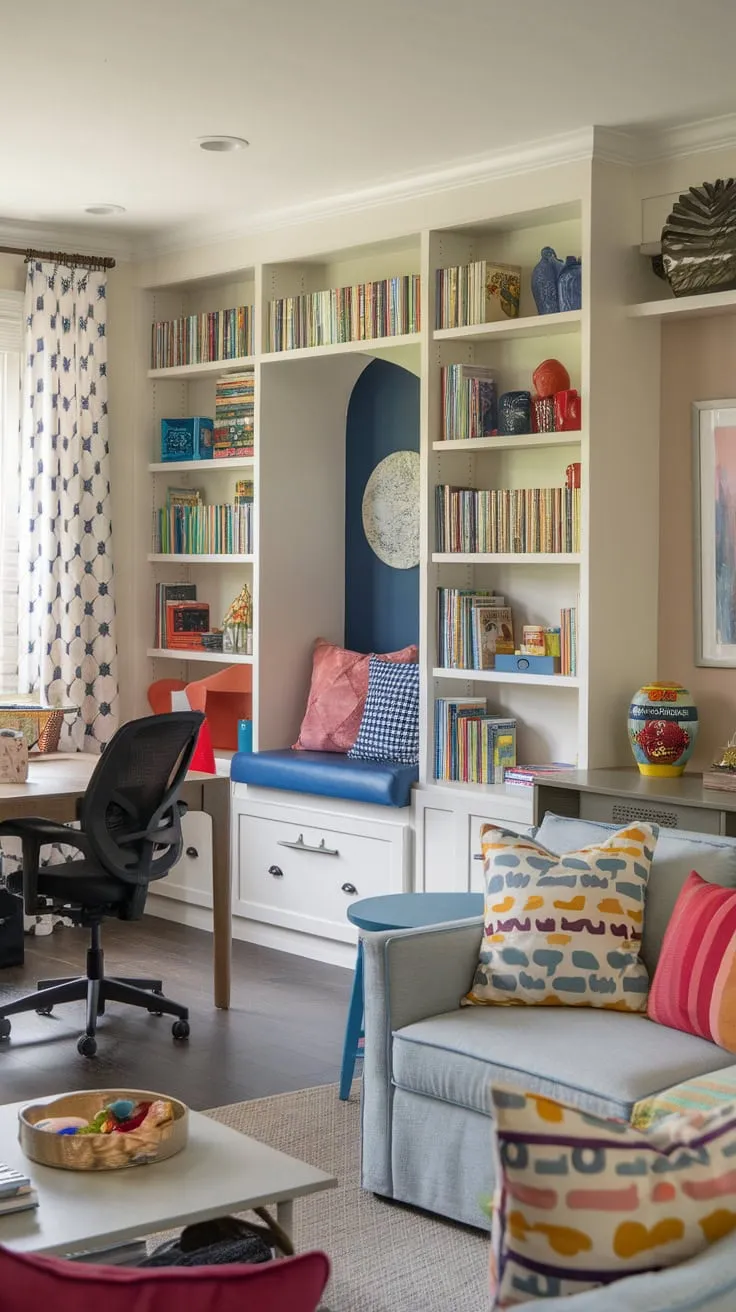 A vibrant living room seamlessly blends play, reading, dining, and work areas, creating a dynamic family space.