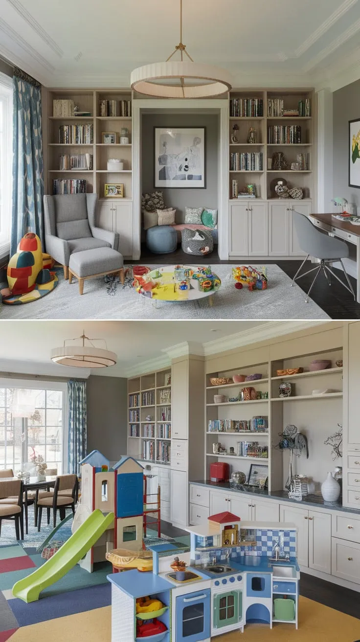 Transform your living space into a vibrant hub of learning play and work with a combined playroom living room featuring a reading nook home office dining area and a fun play structure.