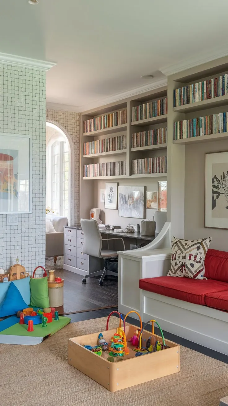 A vibrant playroom seamlessly blends with a living room, home office, and dining area, creating a stylish and functional family space.