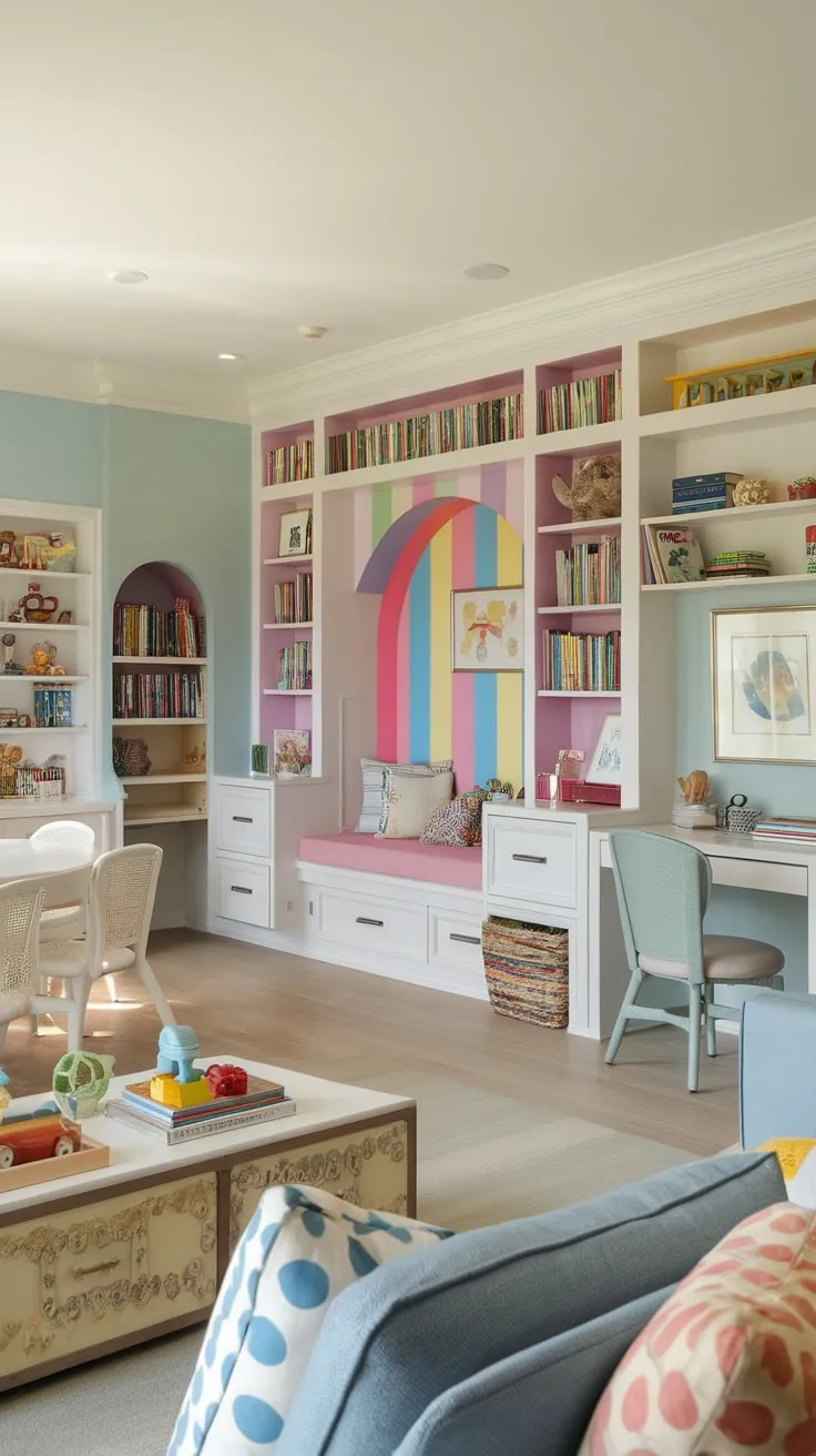 A light and airy playroom and living room combination boasts built-in storage, a dedicated reading area, home office space, and dining area, creating a versatile family hub.
