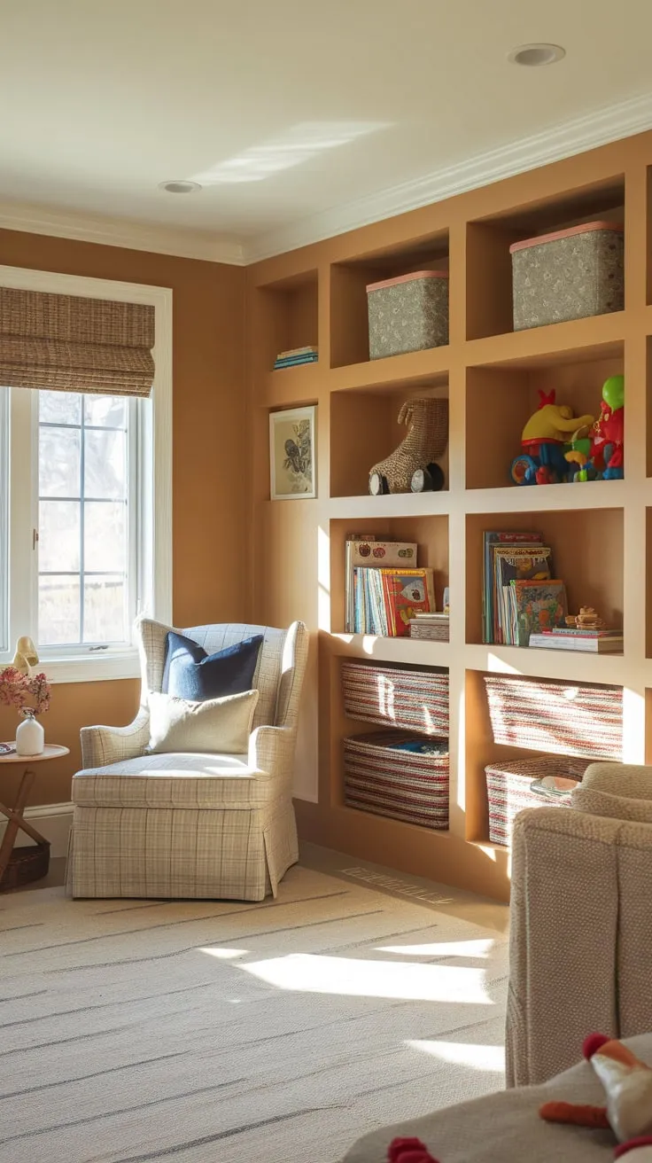 Natural light floods a cozy living and playroom combo, complete with a comfy reading nook and organized toy shelves.