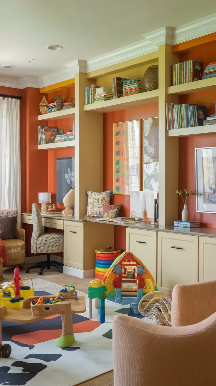 A warm, inviting space seamlessly blends playroom fun, a home office, and dining, featuring built-in shelves and a cozy reading nook