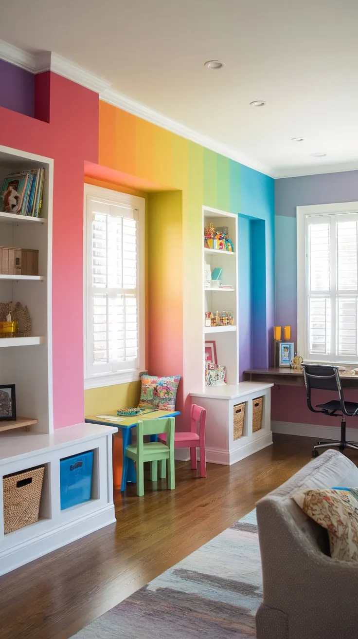 A colorful playroom featuring built-in storage and a reading nook integrates effortlessly with a living, dining, and home office area in a single, stylish space.