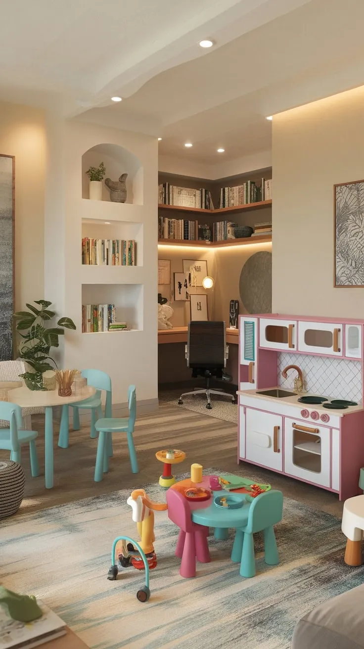 Transform your home with a versatile playroom living room combo featuring dedicated play, work, dining, and relaxation areas in one stylish space.