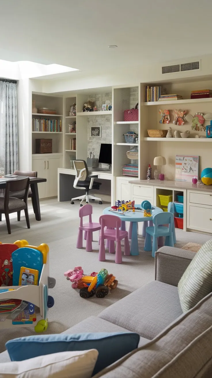 Transform your home with a multi-functional playroom living room combo featuring comfortable seating, a playful kids' zone, a practical workspace, and a dining area all in one stylish space.