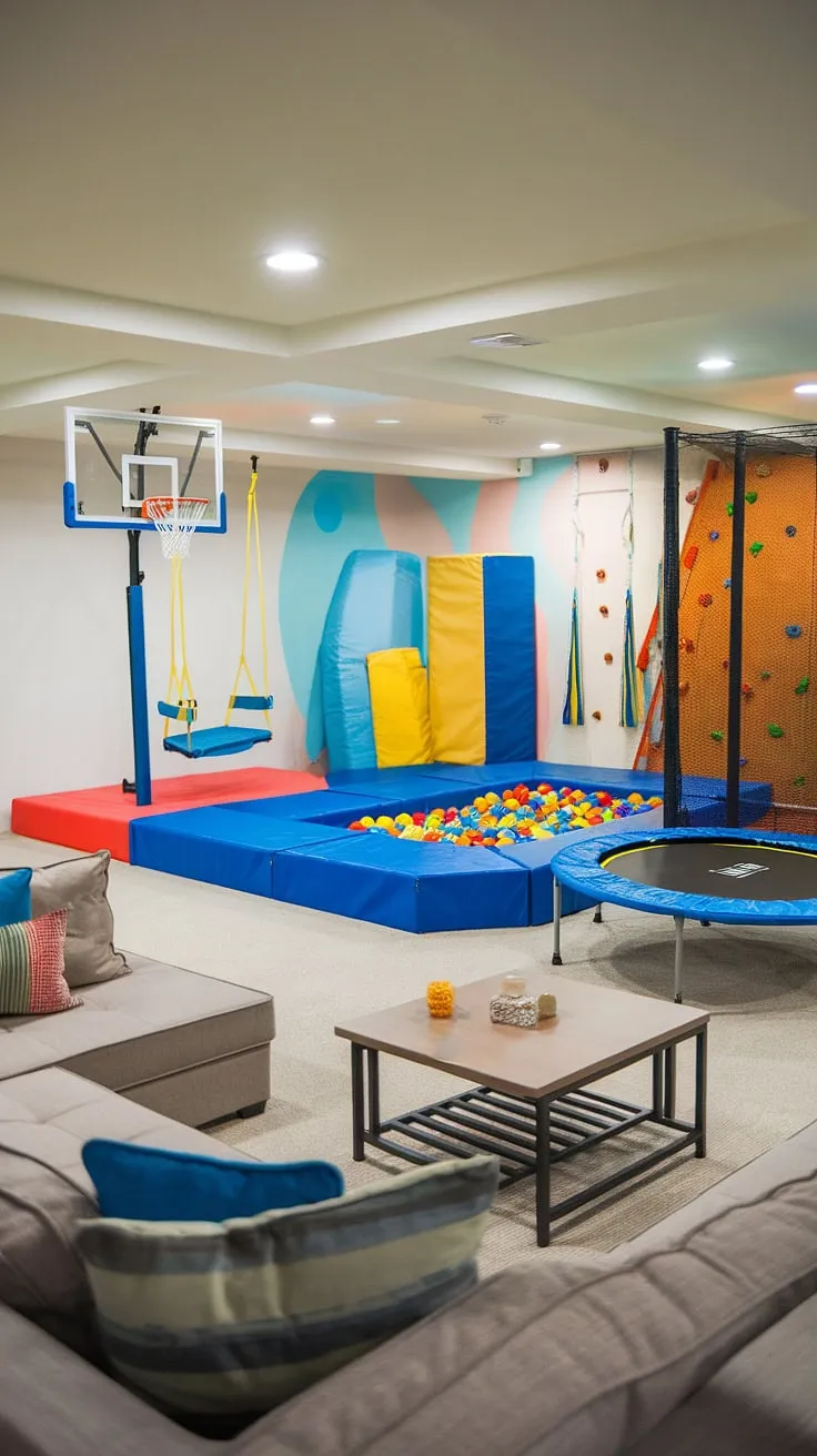 This basement playroom is the ultimate indoor playground room, transforming a forgotten space into a haven of fun.  A dedicated playroom lounge offers older kids a comfy spot to relax, while the kids gym, complete with trampoline, ball pit, and indoor swings, keeps the energy high.  The multipurpose playroom area, featuring a basketball hoop and climbing holds, ensures endless entertainment. This is the perfect example of playroom ideas for maximizing space and creating a truly unique kids playroom.