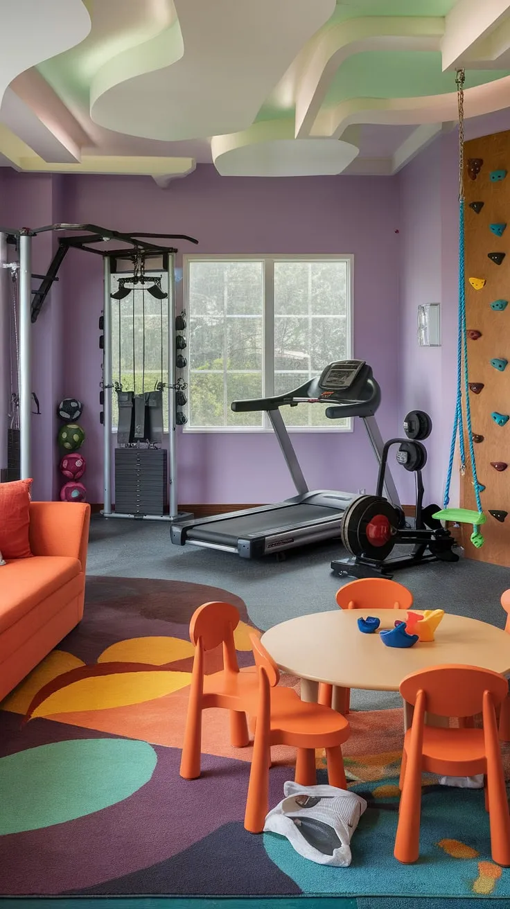 This multipurpose playroom transforms a basement into a vibrant playground room, perfect for older kids.  The playroom lounge offers a comfy space to relax, while the kids gym with a treadmill and weights keeps them active.  Indoor swings and a climbing wall add an extra element of fun, showcasing creative playroom ideas for an unforgettable indoor playroom experience.