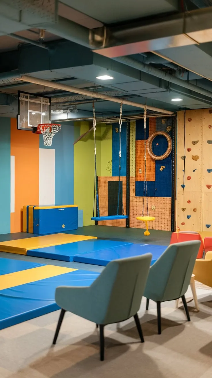 Unleash your kids' energy in this incredible indoor playroom!  Designed for older children, this basement playroom features a dedicated kids gym, exciting indoor swings, and a challenging climbing wall.  The bright, colorful space is a multipurpose playroom, offering a playroom lounge area for parents and showcasing innovative playroom for older kids ideas.  A true playground room in the heart of the home.