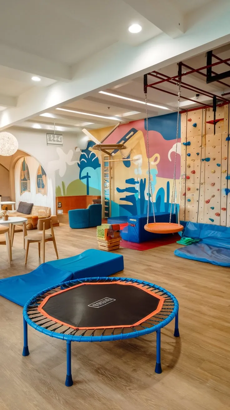 A vibrant playroom lounge designed for older children features a thrilling gym area and a relaxing seating space, perfect for active fun and quiet downtime.