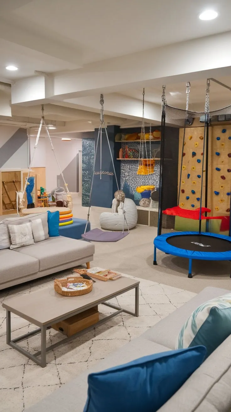 This multi-purpose basement space offers both energetic play and quiet relaxation for kids of all ages, complete with a trampoline, climbing wall, and comfy lounge.