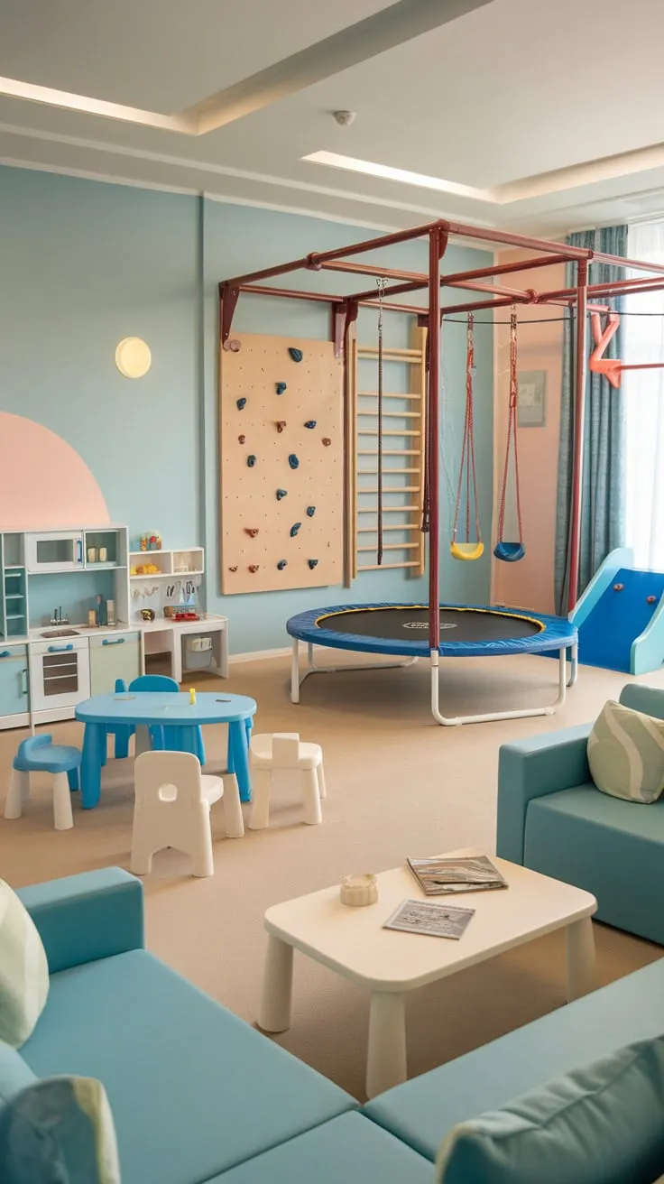 A vibrant playroom lounge blends active gym equipment like a trampoline and climbing wall with cozy relaxation areas and creative play spaces for older children.