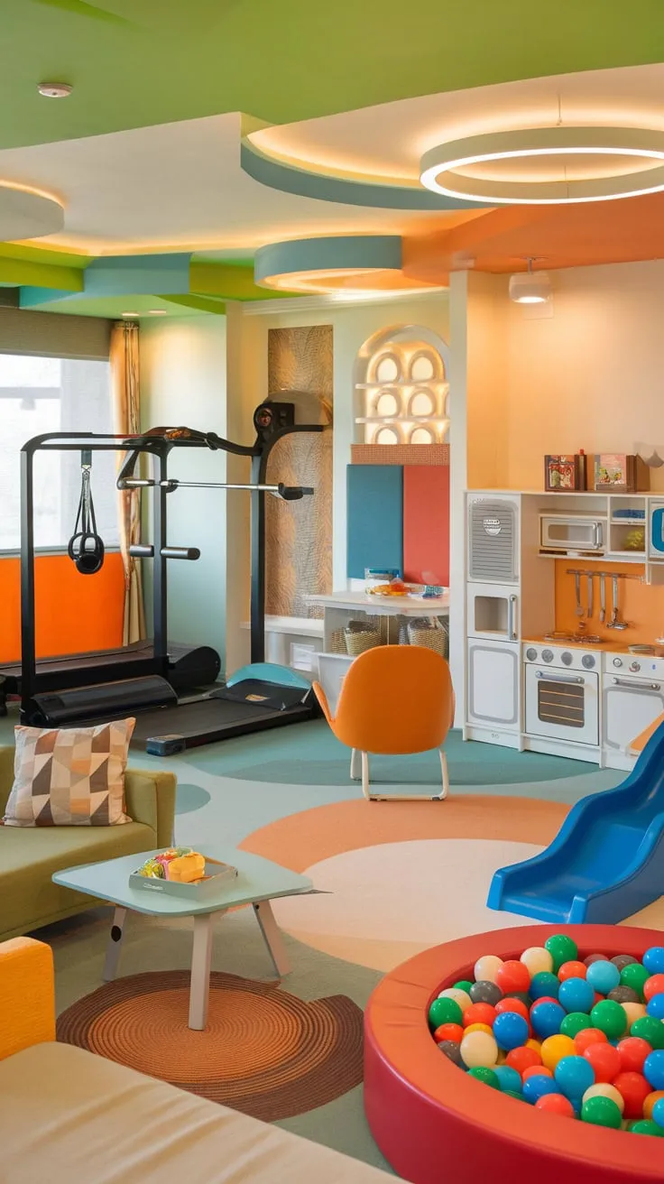 Transform your child's space into a dynamic playroom lounge featuring a gym, play kitchen, reading nook, and relaxing lounge area, all in a bright and inviting atmosphere.