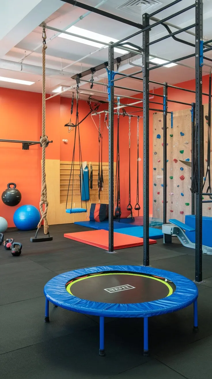A vibrant orange playroom lounge energizes older kids with a gym-like setup including a trampoline, swings, climbing wall, and exercise equipment, all on safe rubber flooring.