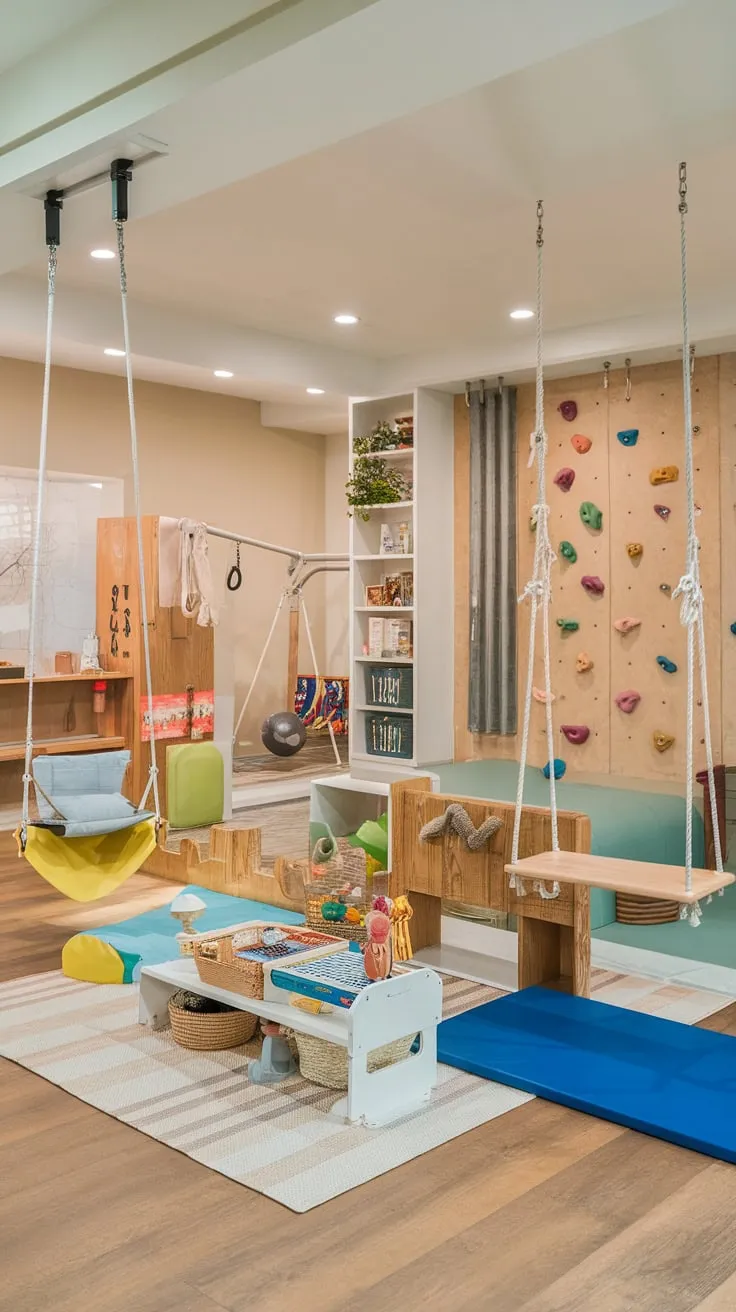 Escape to a whimsical basement playroom lounge featuring a climbing wall, slide, swings, and a dedicated gym area alongside toys, games, and a cozy reading nook.