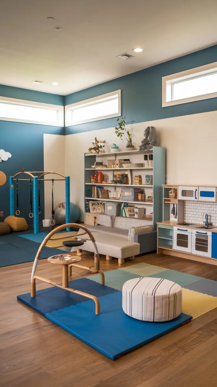 This bright, multipurpose playroom offers older children a dedicated space for active play and quiet relaxation, complete with a gym, lounge area, and play kitchen.