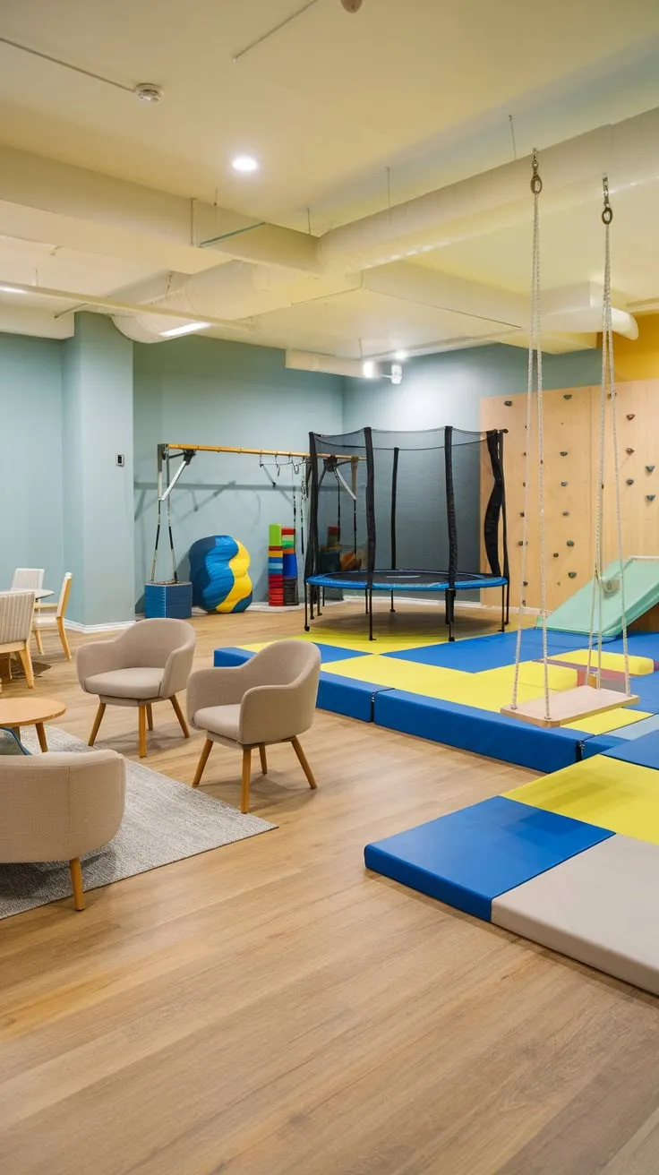 A bright basement playroom lounge offers older kids a multifaceted space combining gym equipment, soft play, and comfy seating areas for active fun and relaxation