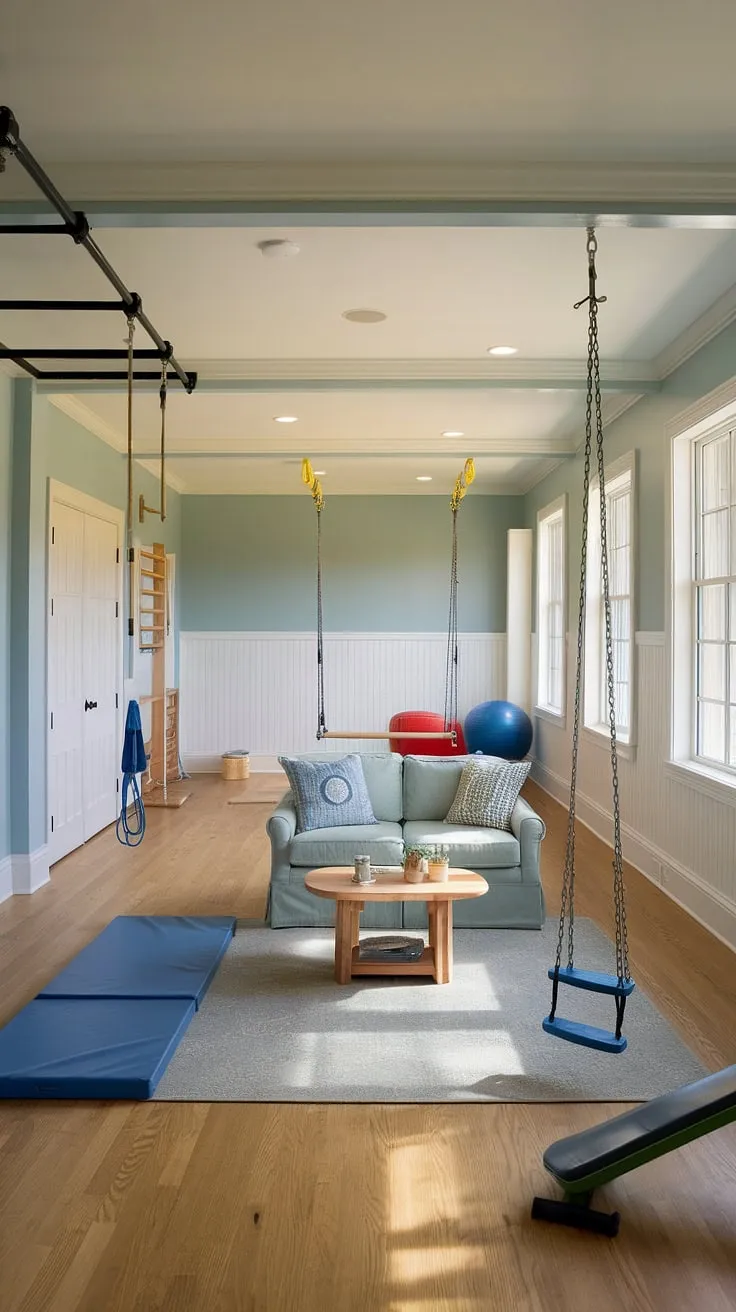 This multipurpose playroom transforms a basement space into a haven for older kids.  The lounge area offers a relaxing spot, while the integrated kids gym, complete with pull-up bar and jump rope, encourages active play.  Indoor swings, a trapeze bar, and balance beam add an exciting playground room element to this incredible kids playroom.  Brilliant playroom ideas for maximizing space and fun!