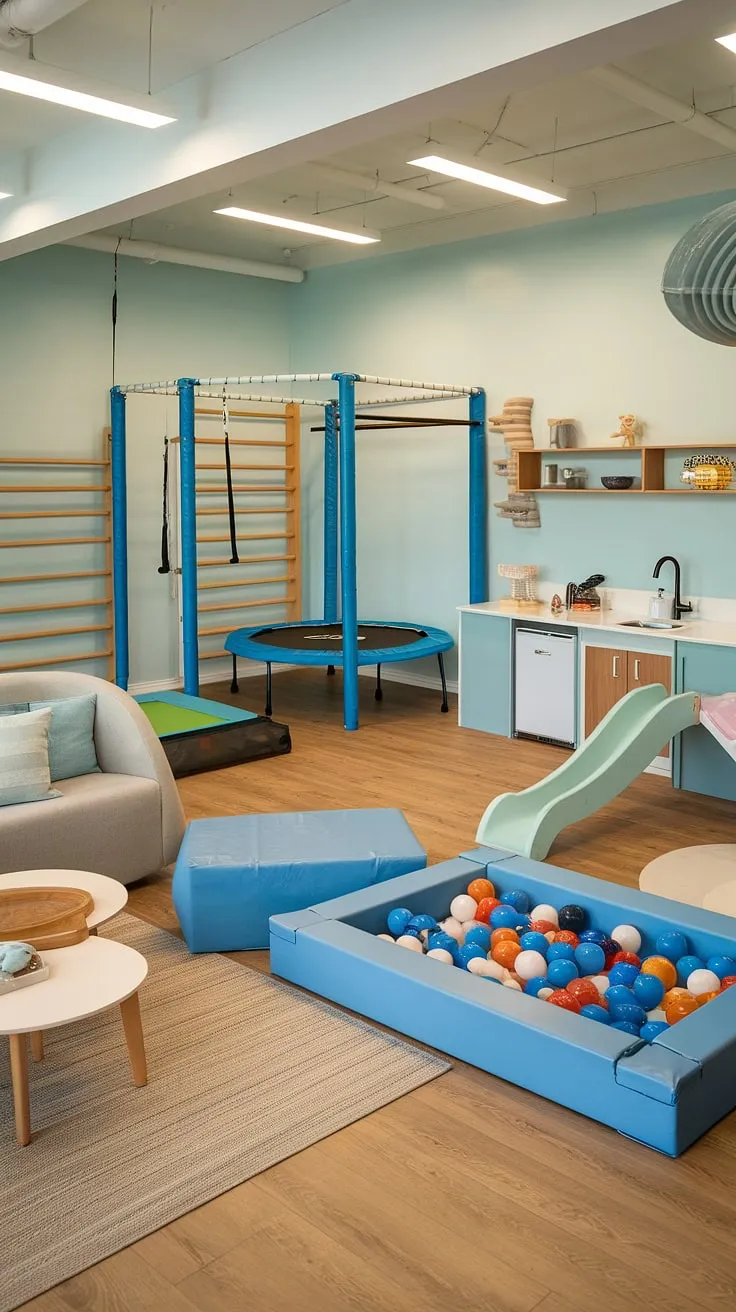 Unleash endless fun in this incredible playroom for older kids!  This basement playroom boasts a dedicated kids gym with a trampoline, adding to the excitement of the main playroom area.  A comfy playroom lounge provides a quiet space, while the slide, ball pit, and indoor swings (not pictured) complete the ultimate playground room.  This multipurpose playroom is a testament to creative playroom ideas, seamlessly blending relaxation and active play.