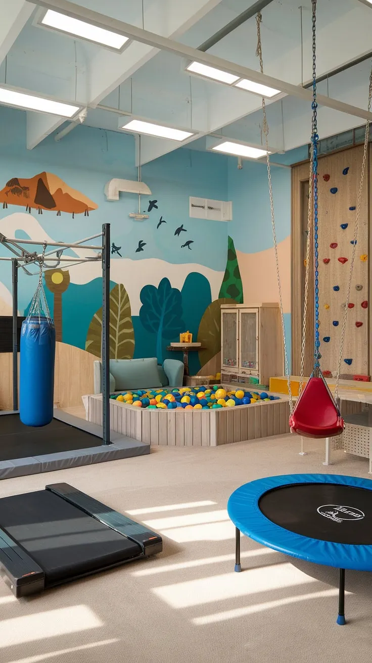 This multipurpose playroom is a parent's dream!  A kids gym with a treadmill, punching bag, and ring seamlessly blends with a dedicated playroom lounge for older kids, complete with a sofa and table.  Indoor swings, a slide, ball pit, trampoline, and rock climbing wall ensure endless fun.  This basement playroom, brimming with natural light and vibrant murals, offers the ultimate playground room, showcasing innovative playroom ideas for kids of all ages.