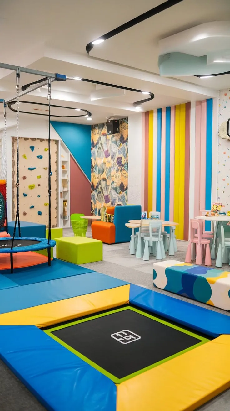 This multipurpose playroom transforms a basement into a vibrant playground room, perfect for older kids.  The kids gym, complete with trampoline, soft mats, indoor swings, and climbing wall, seamlessly blends with a comfy lounge area for downtime.  Endless playroom ideas come to life in this exciting kids playroom and playroom lounge.