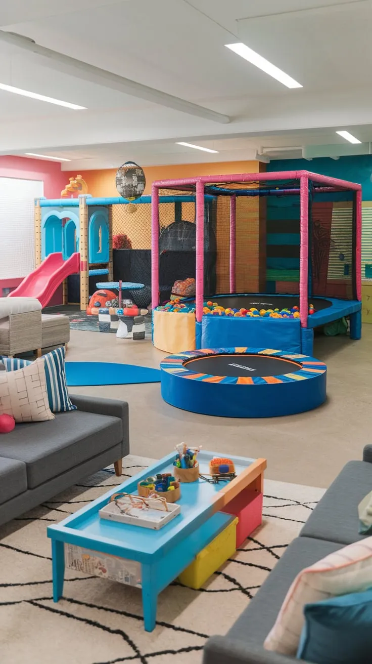 A vibrant Playroom Lounge combines relaxation with active play, featuring a lounge area, gym equipment, and an indoor playground for older children.