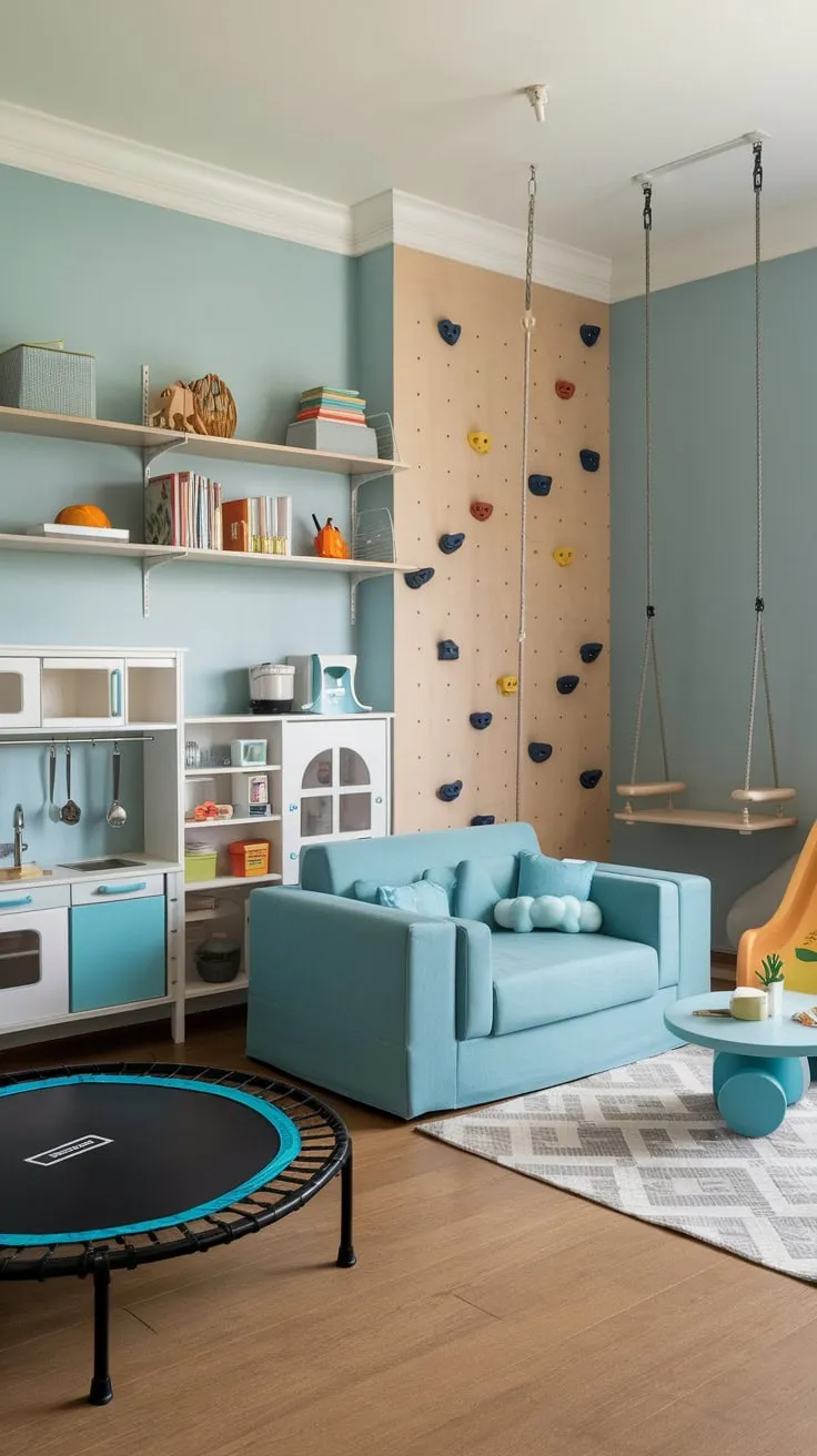 This multipurpose playroom caters to older kids' diverse needs, combining a gym with trampoline and climbing wall, a cozy lounge, and dedicated play areas.