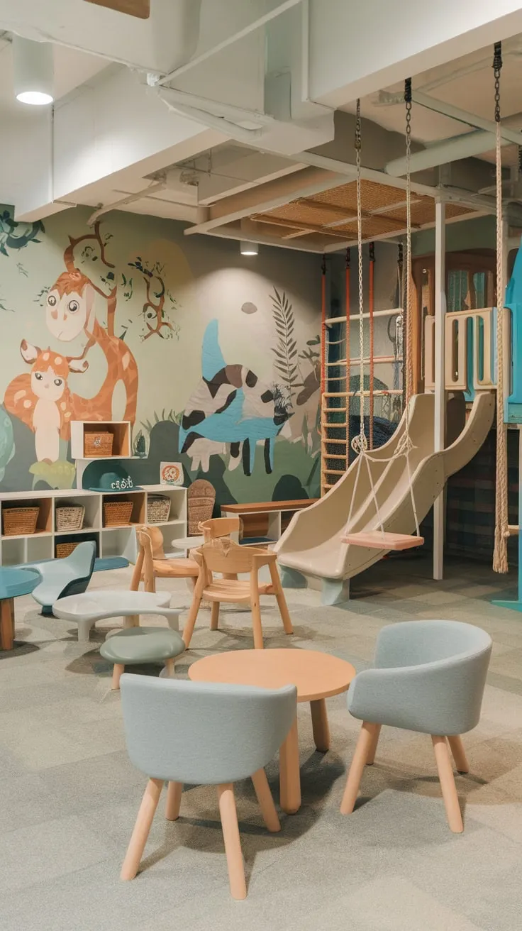A basement playroom lounge transforms into an adventurous jungle gym paradise for older kids with swings, a slide, and a comfy lounge area.