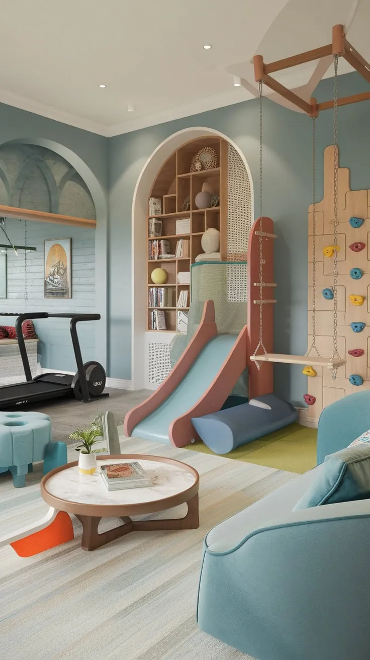 This multipurpose playroom offers older kids a vibrant space for fitness, imaginative play, and quiet relaxation, all within a calming blue haven.