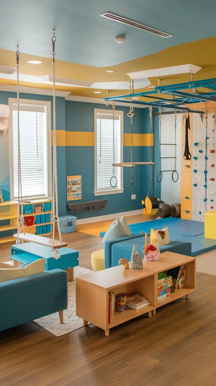 This multipurpose playroom offers a relaxing lounge space for older children alongside an exciting kids' gym complete with swings, trapeze bar, and climbing wall.