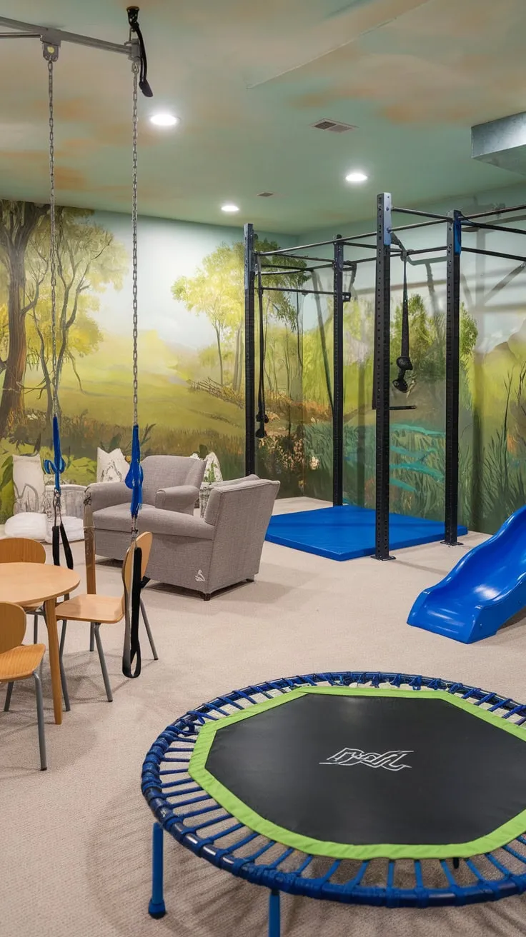 This basement boasts a fun-filled playroom complete with a lounge for older kids, a dedicated gym area, and enchanting nature murals.