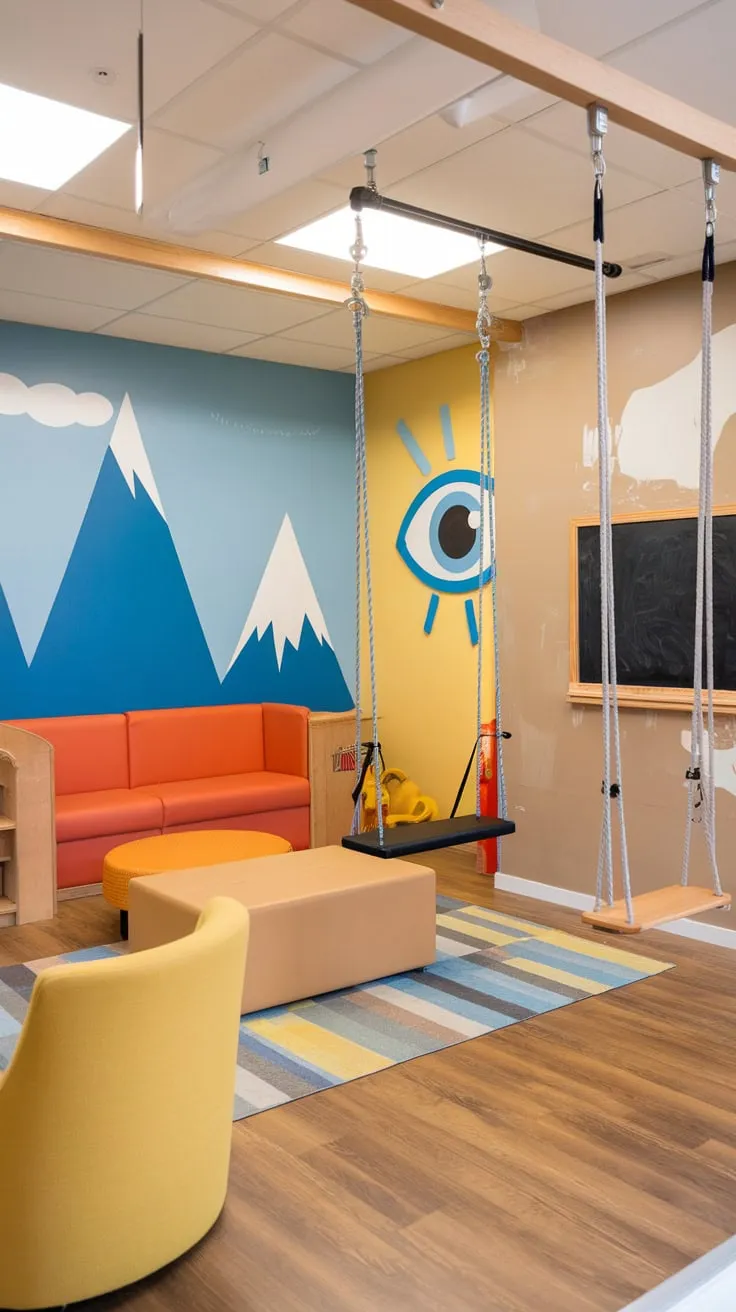 A vibrant playroom lounge boasts a kids' gym, indoor swings, and imaginative murals, creating a fun and stimulating space for children.