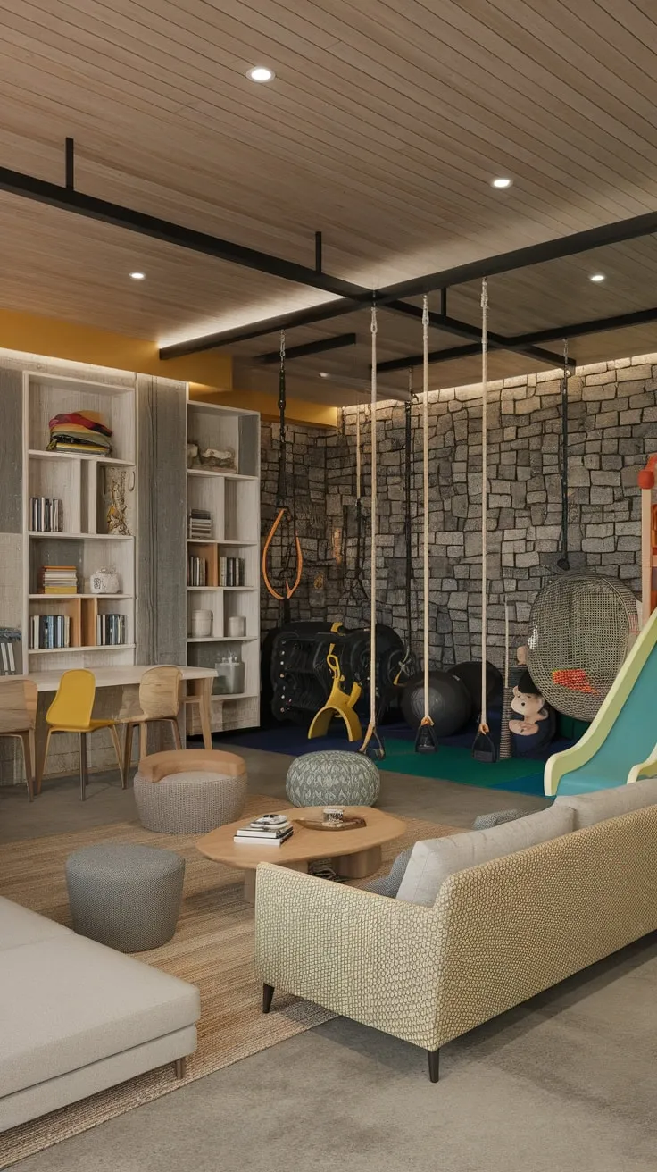 Concrete floors, a stone wall, and wooden ceilings create a unique atmosphere in this multipurpose haven for older children.